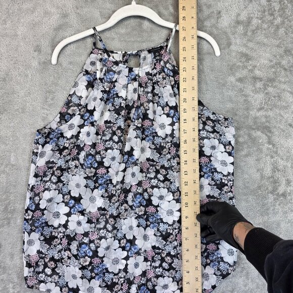 Ann Taylor Blouse Womens Medium Black Floral Halter Sleeveless Lined Keyhole - Picture 3 of 10